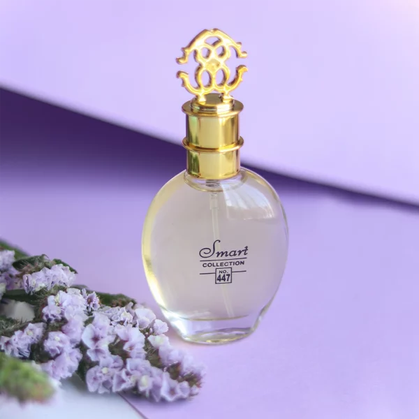 بطری 25 میل عطر روبرتو کاوالی گلد زنانه | Roberto Cavalli Gold اسمارت کد 447 با طراحی طلایی و لوکس در پس‌زمینه‌ای مینیمال.
