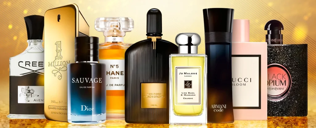 تصویری از ۹ عطر لوکس زنانه و مردانه با کیفیت بالا، شامل Creed Aventus، Paco Rabanne 1 Million، Dior Sauvage، Chanel No. 5، Tom Ford Black Orchid، Jo Malone Lime Basil & Mandarin، Gucci Bloom، Armani Code، و Yves Saint Laurent Black Opium، با پس‌زمینه‌ای طلایی و جذاب.